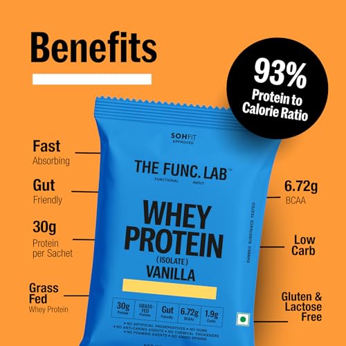 Image of The Func. Lab Whey Protein Isolate - Vanilla Travel Packs | (4 * 35g Sachets) Pack of 2 | Grass‑Fed, 30g Protein per Scoop | High Protein Supplement with Digestive Enzymes for better Absorption