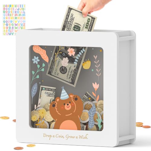 Image of Summidate Wooden Money Saving Box, Clear Window Cash Vault Savings Box with DIY Stickers, Personalized Bear Piggy Bank for Kids & Adults, Birthday /Baby Shower /Wedding Gift