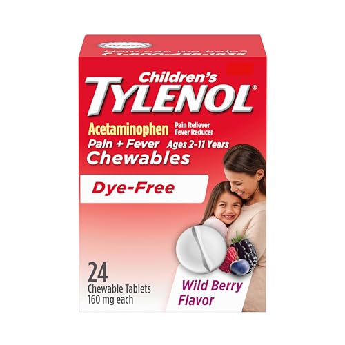 Childrens Tylenol Dye-Free Chewables 160 mg Acetaminophen Pain Reliever & Fever Reducer for Kids Cold + Flu Symptoms Headache Sore Throat & Toothache Aspirin-Free Wild Berry 24 ct