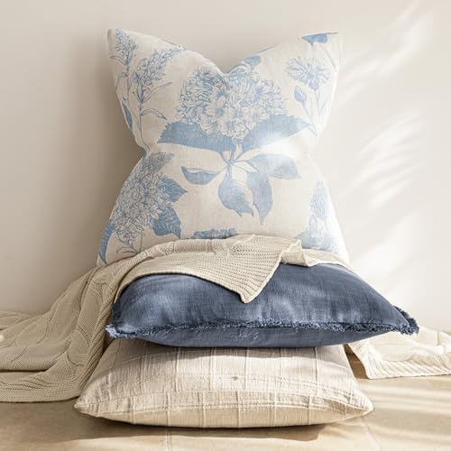 Image of Foindtower Set of 2 Linen Floral Vintage Throw Pillow Covers Neutral Accent Decorative Cozy Cushion Covers Farmhouse Boho Home Decor for Sofa Chair Couch Bedroom Living Room,22x22 Inch,Sky Blue