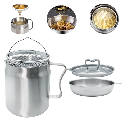 2L HEAVY DUTY 304 Stainless Steel Bacon Grease Container with Strainer and Deep Fryer Basket, 3in1 Oil Fryer, Strainer, Large Oil Filter Pot Grease Saver Oil Separator Storage Kitchen Gadgets
