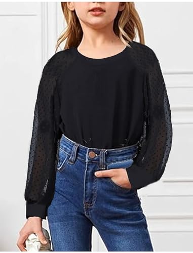 Image of Yekaty Girls Shirts Casual Solid Color Crewneck Blouses Soft Long Sleeve Swiss Dots Chiffon Tops