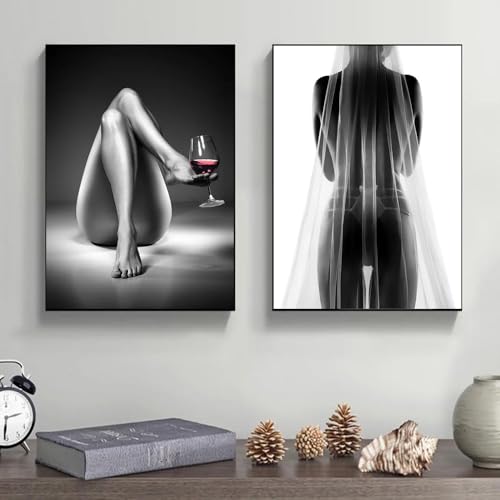 Rumlly Sexy Woman vino glass Wall Art Poster Black and White Girl Back Canvas Painting Mural Modern Home Decoration Pictures(50x70cmx2/Frameless)