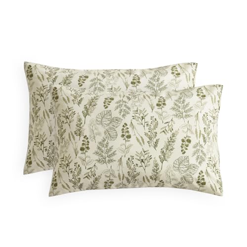 Wake In Cloud - Floral Pillow Cases, Botanical Vintage Flower Shabby Chic Coquette Cottagecore Aesthetic, Set of 2 Soft Pillowcases Pillow Shams Covers, Olive Green, Standard Size 20x26 Inches