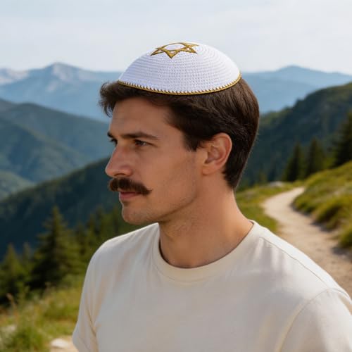 MOBUTOFU Handmade Knitted Kippah, Star of David Jewish Hat, Embroidered Kippah Headwear, Ceremonial Prayer Cap for Holiday Celebrations Religious Gatherings Golden