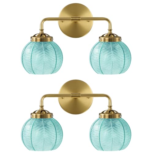 Image of Gold Wall Sconce Set of 2 Vintage Bathroom Vanity Light Blue Glass Shade Globe Wall Sconces Mid Century Wall Light Art Deco Bathroom Lights Over Mirror for Bedroom Hallway Living Room