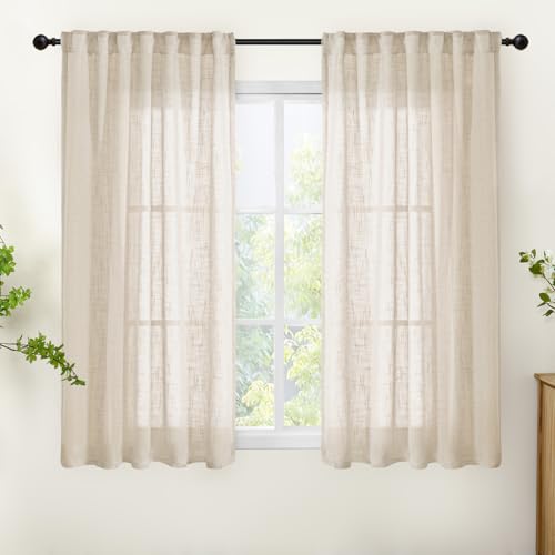 YoungsTex Natural Linen Semi Sheer Curtains 48 Inch Length - Short Light Filtering Drapes with Rod Pocket Back Tab Textured Privacy for Kitchen Living Room Windows, Oatmeal, 2 Panels, 42 X 48 Inch