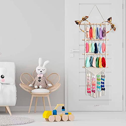 Nerien Headband Holder, Hair Bow Organizer For Girls Baby Toddler, White Macrame Wood Hair Accessories Storage Wall Hanging Display, For Hair Ribbons Ties Clips, With 30 Pcs Hooks For Shower Room #TOP5