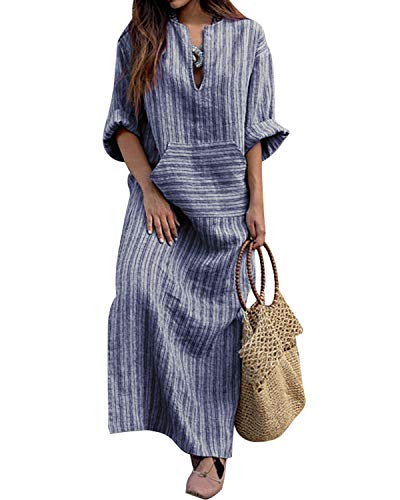 VONDA Maxikleider Damen Langarm Baumwolle Leinenkleider Große Größen Kleid Casual Streifen Split Kleider A-Grau 3XL Cover