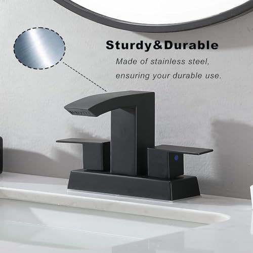 Friho Waterfall Matte Black Bathroom Faucet 3 Hole, 4 Inch 2 Handle Centerset Sink Faucet for Lavatory RV Vanity with Square Spout, Pop up Drain and Water Hoses. - Thumbnail 3