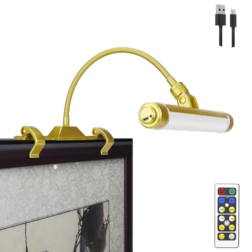 LUXSWAY Wireless Picture Frame Led Lighting,Rechargeable Art Display Lighting Clip on Pictures,Over Painting Lights with Remote,Artwork Lamp with Flexible Neck,28 LEDs 3 Lighting Modes 200LM-Gold