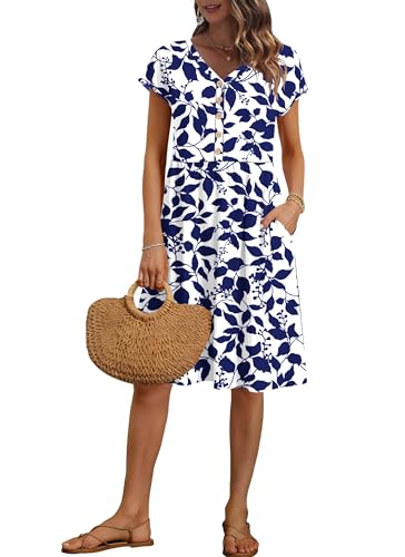 Image of AUSELILY Women's Summer Short Sleeve Knee-Length V Neck Dress with Pockets