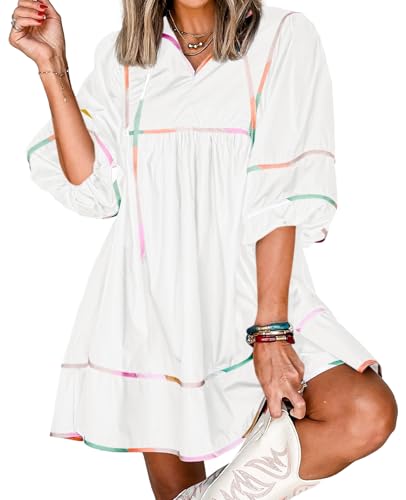 Cicy Bell Womens Babydoll Mini Dresses 3/4 Puff Sleeve V...