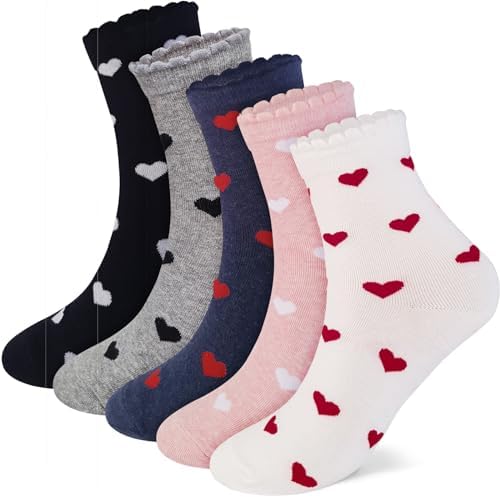CUTIE MANGO Womens 5-Pairs Lovely Heart Pattern Crew Socks, Soft Premium K-Socks Cotton Fashion Daily Casual Lovely Cute Size 6-10 US (Assorted Colors)