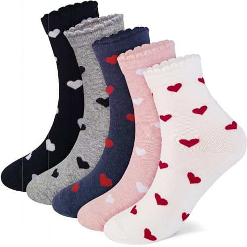 CUTIE MANGO 5 Pairs Heart Pattern Crew Socks For Women - Cute Cotton Womens Socks for Size 6,7,8,9,10