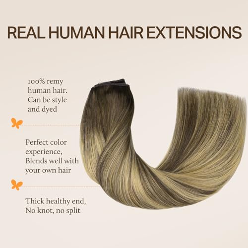 Image of DOORES Wire Hair Extensions 16 Inch 95g Remy Human Wire Hair Extensions Invisible Transparent Line Adjustable Hairpieces Secret Extensions Straight Hair Balayage Chocolate Brown to Caramel Blonde
