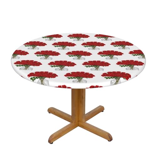 Nappe ronde ajustée M 114-127cm en polyester imperméable à motif de roses rouges.