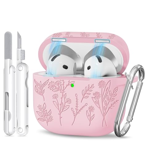 Image of for Airpods 4 Case with Magnetic Lid, Ekoonpft Flower Engraved Cases for Apple AirPods 4th Generation 2024, Soft Silicone Cover for Women Girly with Cleaning Kit & Keychain, Shockproof