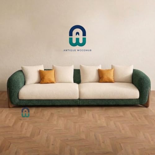 Image of Modern Sofa, Teddy Fabric, Chesterfield Style, Wooden Legs, for Living Room, Bedroom, Hallways (Green-Off White, 3+1+Ottoman)