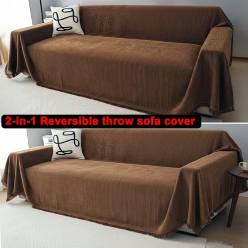 Image of The Furnishing Tree Reversible Double Sided Chenille Throw Sofa Cover, Anti-Slip Couch Cover, Comfy Sofa Towel for All Seasons, 3 Seater, herringbone woven texture Rust Brown