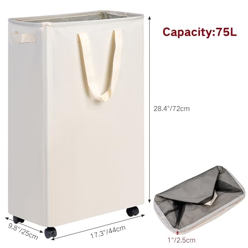 Slim Laundry Hamper with Wheels, Rolling Laundry Basket for Clothes, Small Laundry Basket for Bedroom, Dorm and Laundry Room, 75L (19.8 Gallons) Beige
