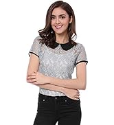 Allegra K Women's Contrast Peter Pan Collar Blouse Short Sleeve Sheer Lace Top