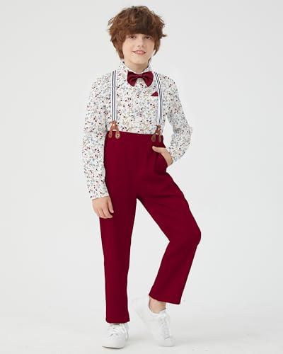 Image of DISAUR Boys Dress Clothes Wedding Ring Bearer Outfit Boy Formal Suits Dress Shirt with Bow Tie +Suspender Pants Set