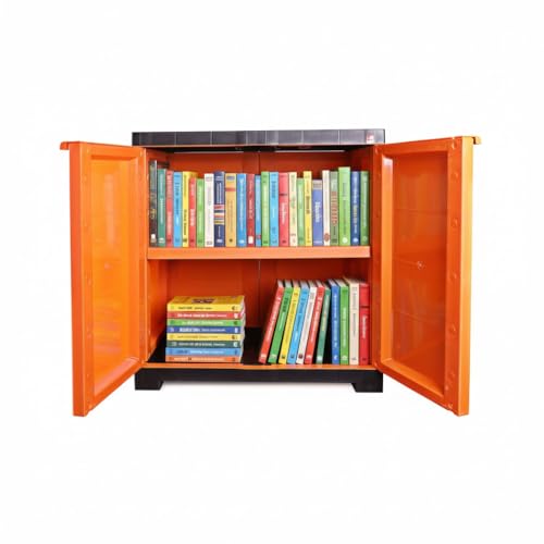 Image of Cello Novelty Compact Bookshelf, Orange & Brown | 2 Dustproof Doors | Space Saving Cupboard | Plastic Book Shelf | Multipurpose Book Shelf for Home, Office | Book Organizer for Library