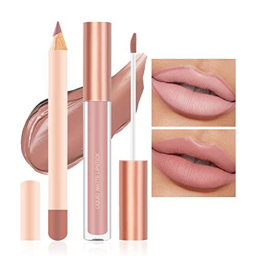 Prreal 2Pcs Lip Liner et Set de maquillage de rouge à lèvres, Rouge à lèvres liquide mat + doublure à lèvres assortie, Kit de maquillage Nude velouté lèvres Kit cadeau(01)