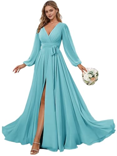 fitted lace wedding dress CAZSXIS Long Sleeve Chiffon Bridesmaid Dresses Long with Pockets Slit V  Neck Formal Dress for Women Aqua Size 0 : Clothing, Shoes & Jewelry