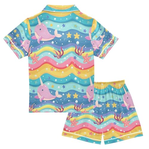 senya Rainbow Wave Whale Satin Summer Pajama Sets Silk Short Sleeve Button Down Sleepwear2