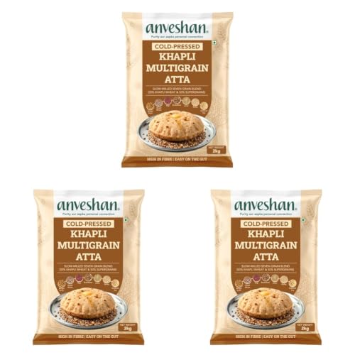 Image of Anveshan Cold-Pressed Khapli Multigrain Atta (2Kg) | Low GI Flour with 50% Emmer Wheat & 6 Supergrains | High Fiber, High Protein | Supports Easy Digestion & Blood Sugar Balance (Pack of 3)