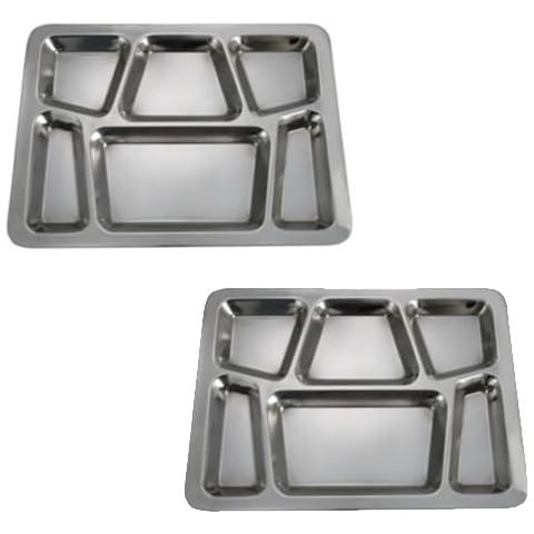 SET OF 2-6 Compartment Cafeteria Food Court Tray Eating Mess Tray - Stainless Steel Cover