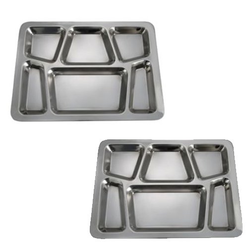 SET OF 2-6 Compartment Cafeteria Food Court Tray Eating Mess Tray - Stainless Steel