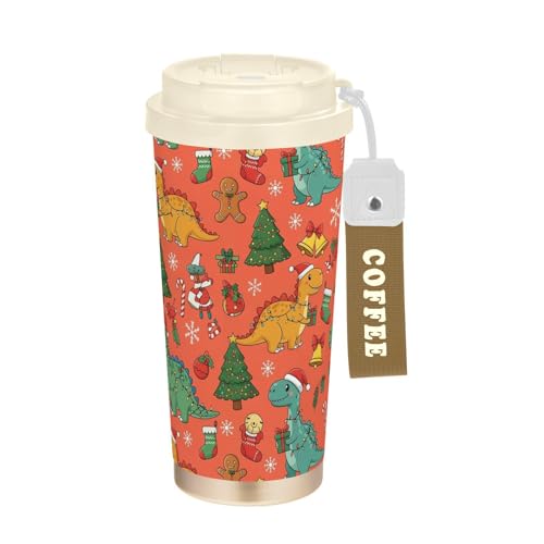 YKZEYK Christmas Dinosaurs Bells Travel Coffee Mug with Lid Insulated Coffee Tumbler Cup Leak Proof...