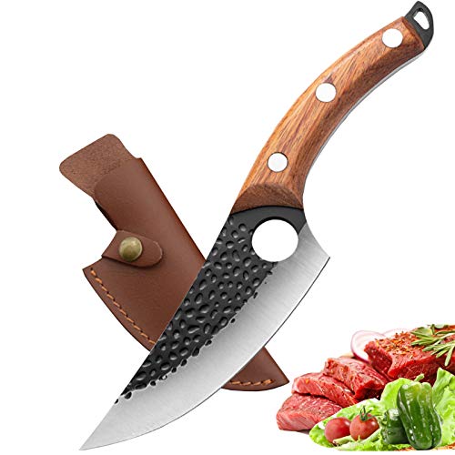 Akatomo Boning Knife Handmade Forged High-carbon German Steel Kitchen Meat Cleaver Knife Chopping Knife With Leather Sheath Wooden Handle For Gifts,Collections Household Outdoor Camping (boning knife)