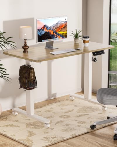Image of Okin Standing Desk Electric Adjustable Computer Whole Piece Stand up Desk with Wheels Office Gaming Home Office Memory Desks 48x24 inches Cream Pecans