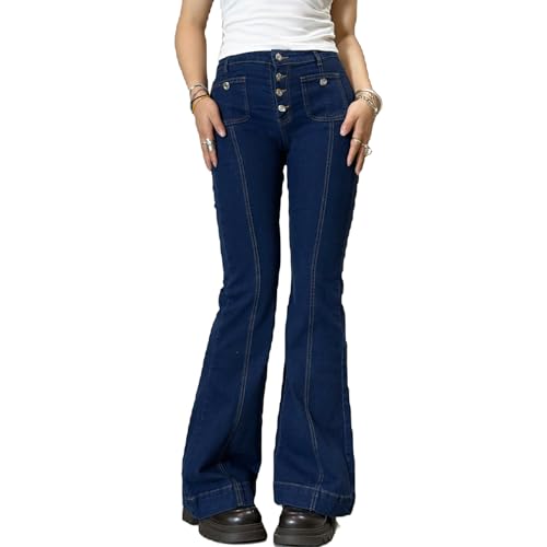 HOXIJIA Women Y2K Low Rise Flare Jeans Wide Leg Stretch Denim Pants 2000s Retro Bell Bottom Streetwear Trousers