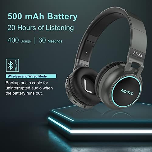 REETEC Bluetooth Headphones Over Ear - [Colorful LED Lights, 20H Playtime] Foldable Hi-Fi Stereo Wired and Wireless Headphones with Built-in Mic for iPhone, iPad, Smartphones, Laptop, PC, SD/TF - Grey
