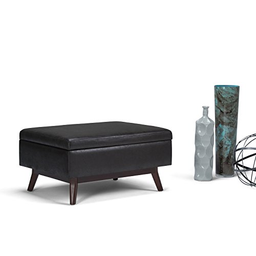 SIMPLIHOME Owen 34 inch Wide Rectangle Coffee Table Lift Top Storage Ottoman, Cocktail Footrest Stool in Upholstered Distressed Black Faux Air Leather, Mid Century Modern, Living Room