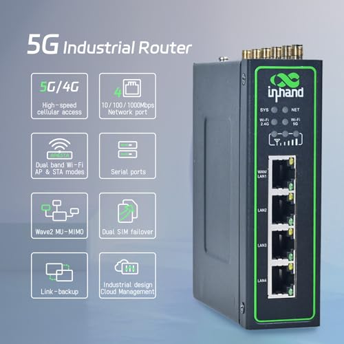 Image of InHand Networks IR624 Industrial 5G Cellular Router | 3.4Gbps Downlink, Dual SIM Failover, 4X Gigabit Ethernet, Wi-Fi 5, VPN Security, Cloud-Managed for IoT, Smart Factory, Remote Monitoring