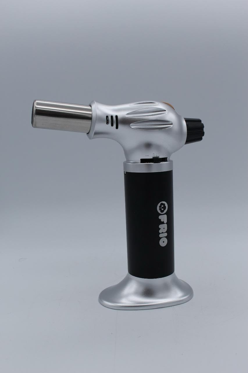FRIO Black & Silver Butane Torch with Fuel Gauge One-hand Operation Kitchen Torch Lighter with Adjustable Flame for BBQ, Baking, Brulee Creme, Crafts and Soldering