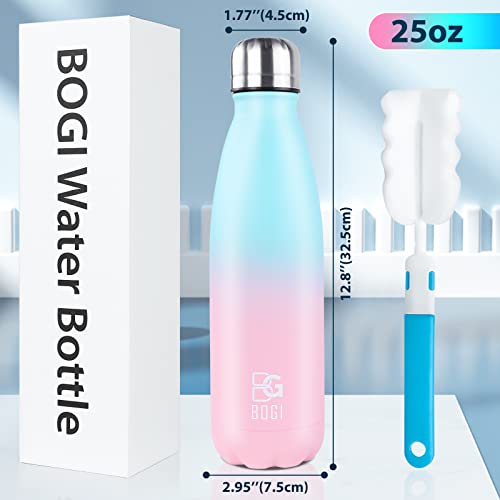 Image of BOGI Insulated Water Bottle, 25oz Stainless Steel Water Bottles, Leak Proof Sports Metal Water Bottles Keep Cold for 24 Hours and Hot for 12 Hours BPA Free kids water bottle for School (SkyBlue Pink)