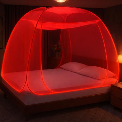 Image of TYF Mosquito Net for Bed Made with Polyester Material | Foldable Mesh Design | Lightweight and Portable Structure | Easy to Use and Carry, Red (6.15 Feet X 6.15 Feet) Double Bed