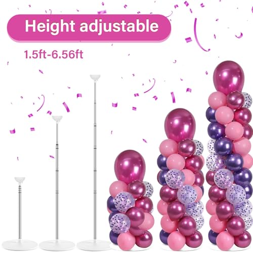 Image of 2 Sets Pink and Purple Balloon Column Stand Kit with 102 Balloons Adjustable Balloon Tower Stand with Bases for Floor Confetti Balloons Column Kit for Graduation Birthday Appreciation Party Decor