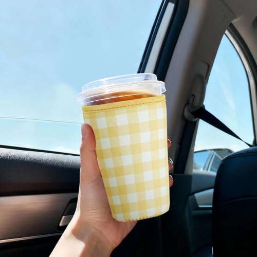 Image of Reusable Insulated Sleeve for Iced Coffee Cup, 3-Pack Coffee Neoprene Drink Sleeve for Cold & Hot Drinks, Beverage Holder for Iced Coffee (Butter Gingham)
