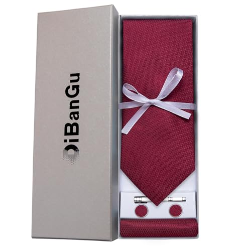 Image of DiBanGu Mens Silk Necktie Solid Color Tie and Pocket Square Cufflink Tie Clip Set Woven Plain Ties for Men Wedding Party