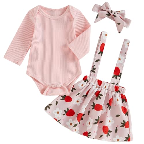 Image of Mubineo Baby Girl Clothes Cute Fall Winter Skirt Outfits Long Sleeve Romper Flower Overall Dress Infant Newborn Outfit (Pink Strawberry, 3-6 Months)