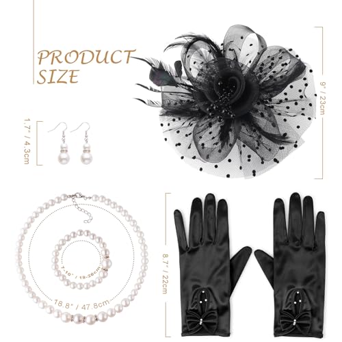 Image of DRESHOW 1920s Vintage Fascinators Hat for Women Veil Mesh Tea Party Derby Hat Bow Satin Gloves Pearl Jewelry Set for Cocktail