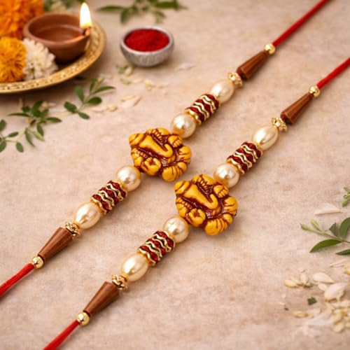 Image of Riddhika Ventures Lavish Pearl and Diamond Ring Bhaiya Bhabhi Rakhi (Set of 2) with Roli Chawal & Greeting Card | Raksha Bandhan Special